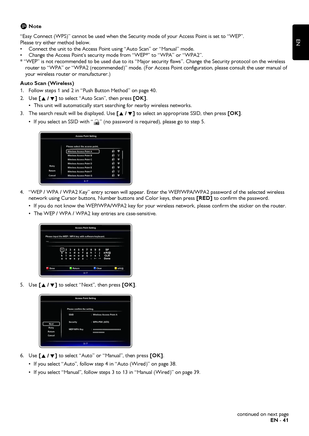 Magnavox MBP5320 Auto Scan Wireless, WEP / WPA / WPA2 key entries are case-sensitive, Use to select Next, then press OK 