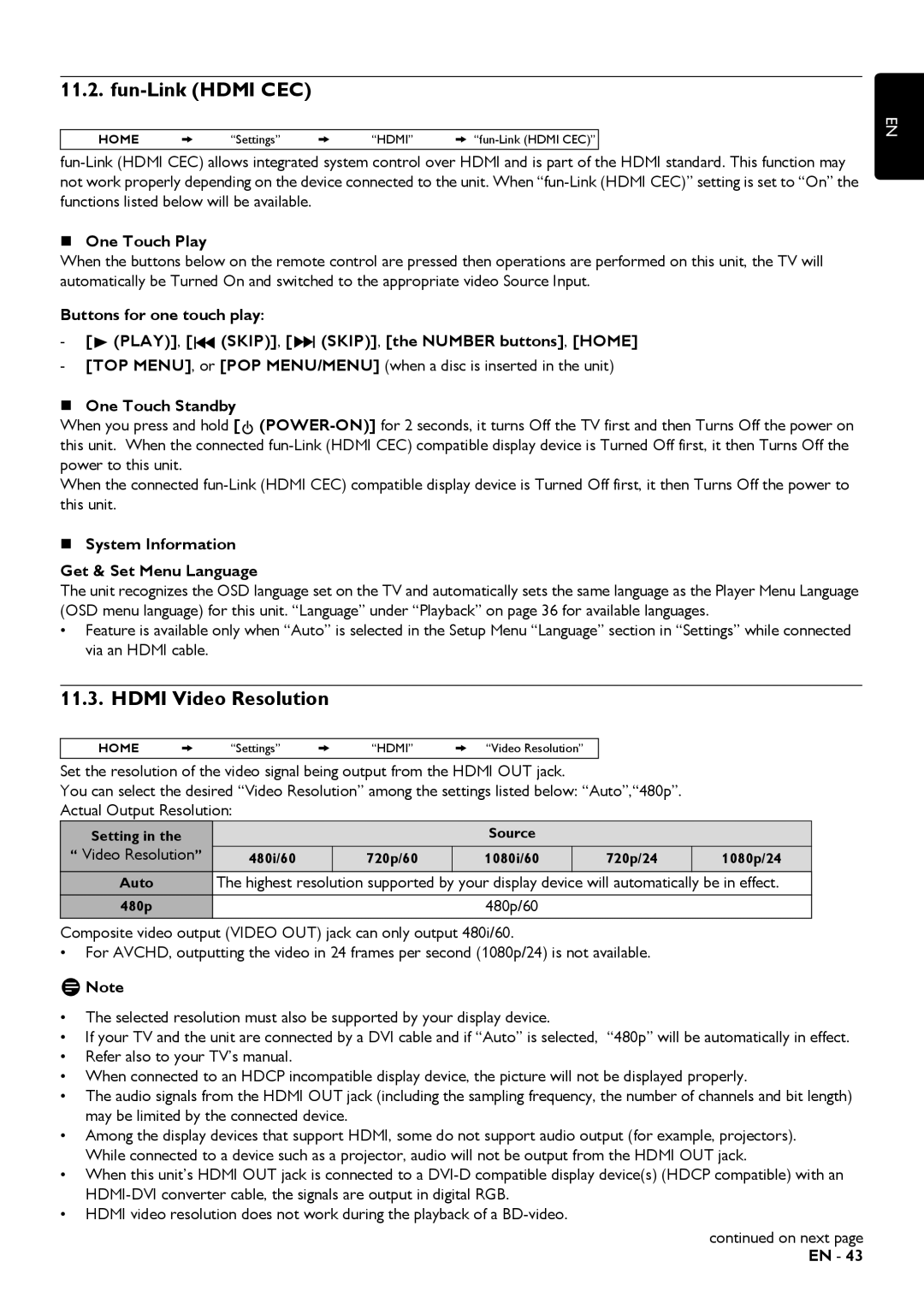 Magnavox MBP5320 owner manual Fun-Link Hdmi CEC, Hdmi Video Resolution, „ One Touch Play, „ One Touch Standby 