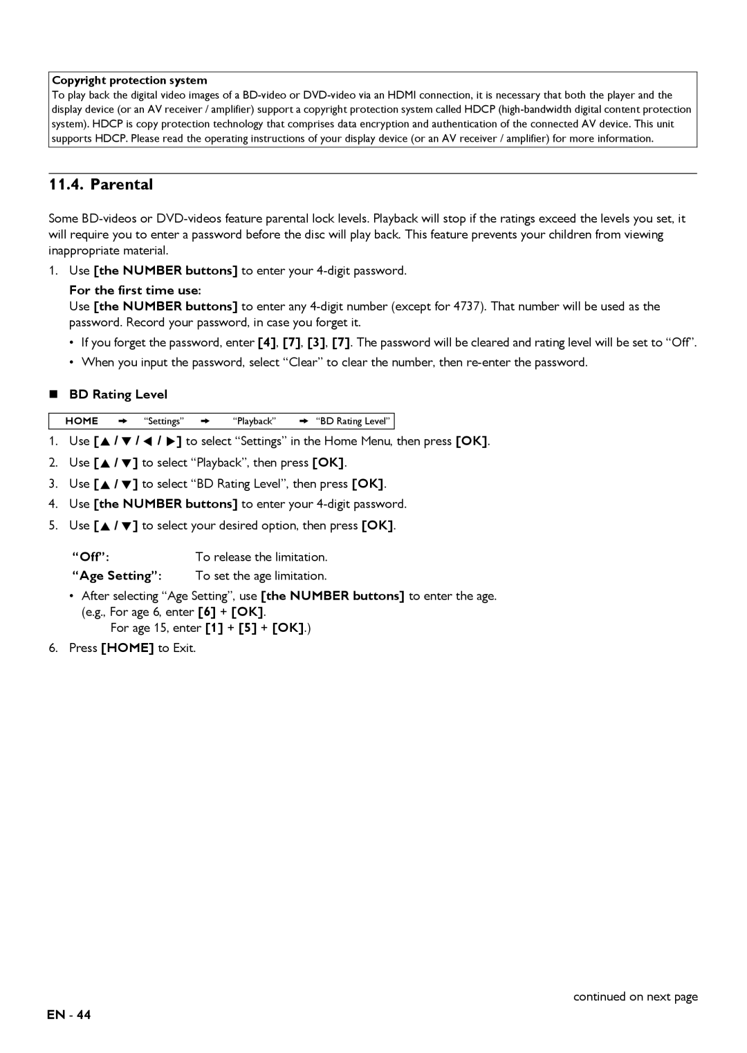 Magnavox MBP5320 owner manual Parental, For the first time use, „ BD Rating Level 