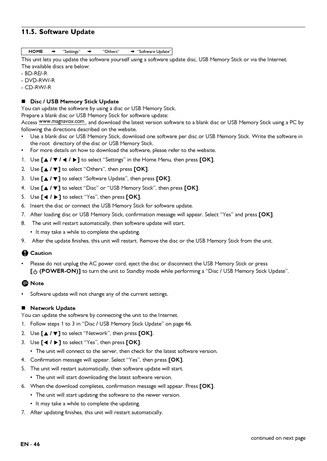 Magnavox MBP5320 owner manual Software Update, Cd-Rw/-R, „ Disc / USB Memory Stick Update, „ Network Update 