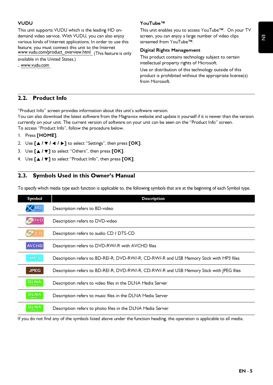 Magnavox MBP5320 owner manual Product Info, Vudu, Available in the United States, YouTube, Digital Rights Management 