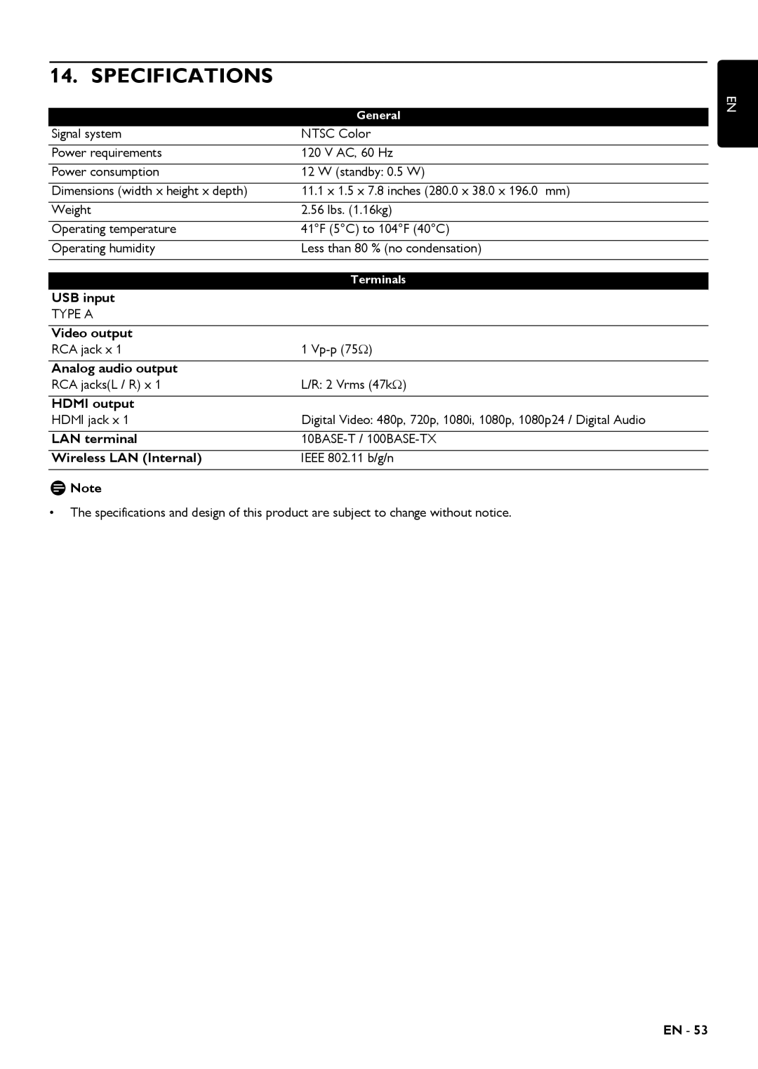 Magnavox MBP5320 owner manual Specifications, Video output, Analog audio output, Hdmi output, Wireless LAN Internal 