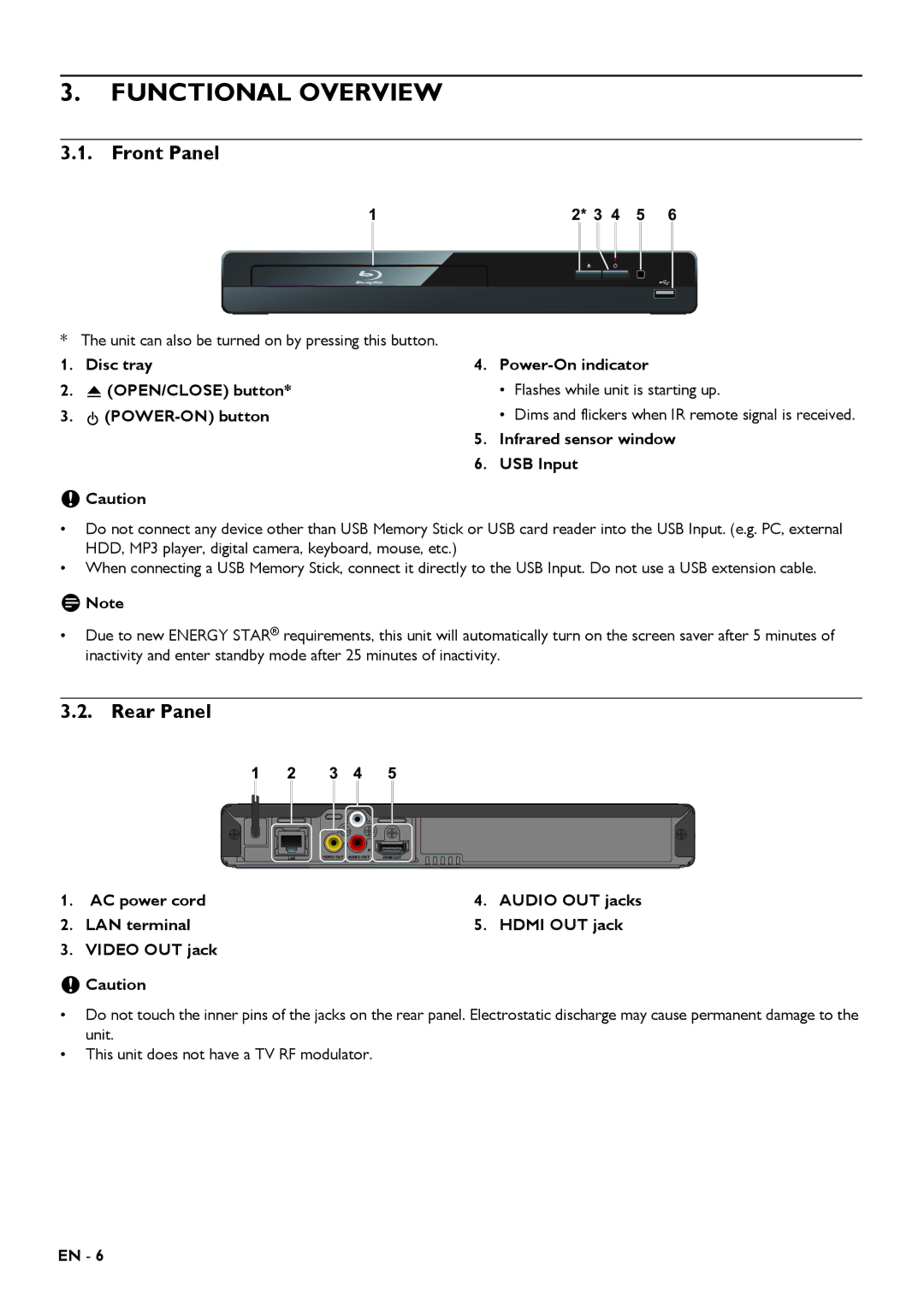 Magnavox MBP5320 owner manual Functional Overview, Front Panel, Rear Panel, Infrared sensor window, USB Input 