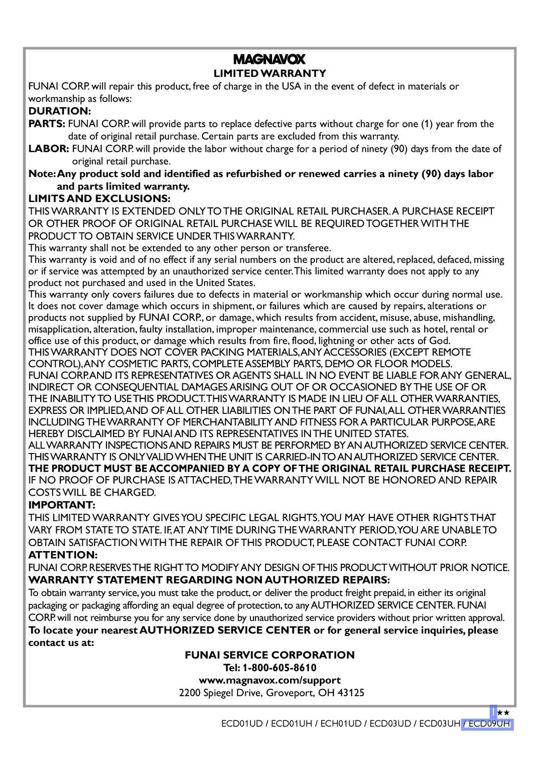 Magnavox MBP5320 owner manual Funai Service Corporation 