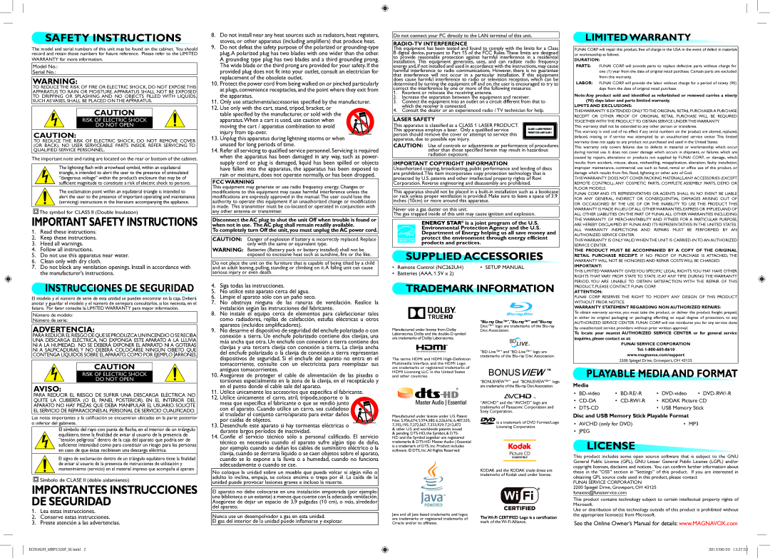 Magnavox MBP5320F owner manual SA Fety Instructions 