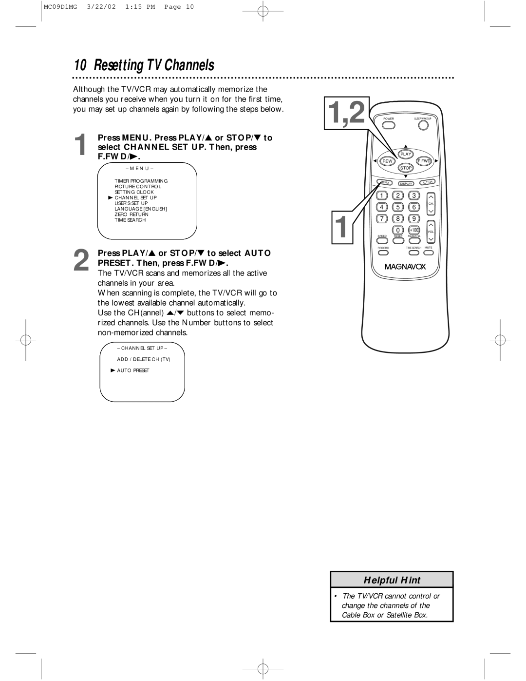 Magnavox MC09D1MG owner manual Resetting TV Channels 