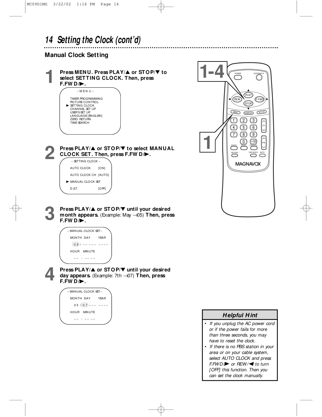 Magnavox MC09D1MG owner manual Setting the Clock cont’d, Manual Clock Setting 