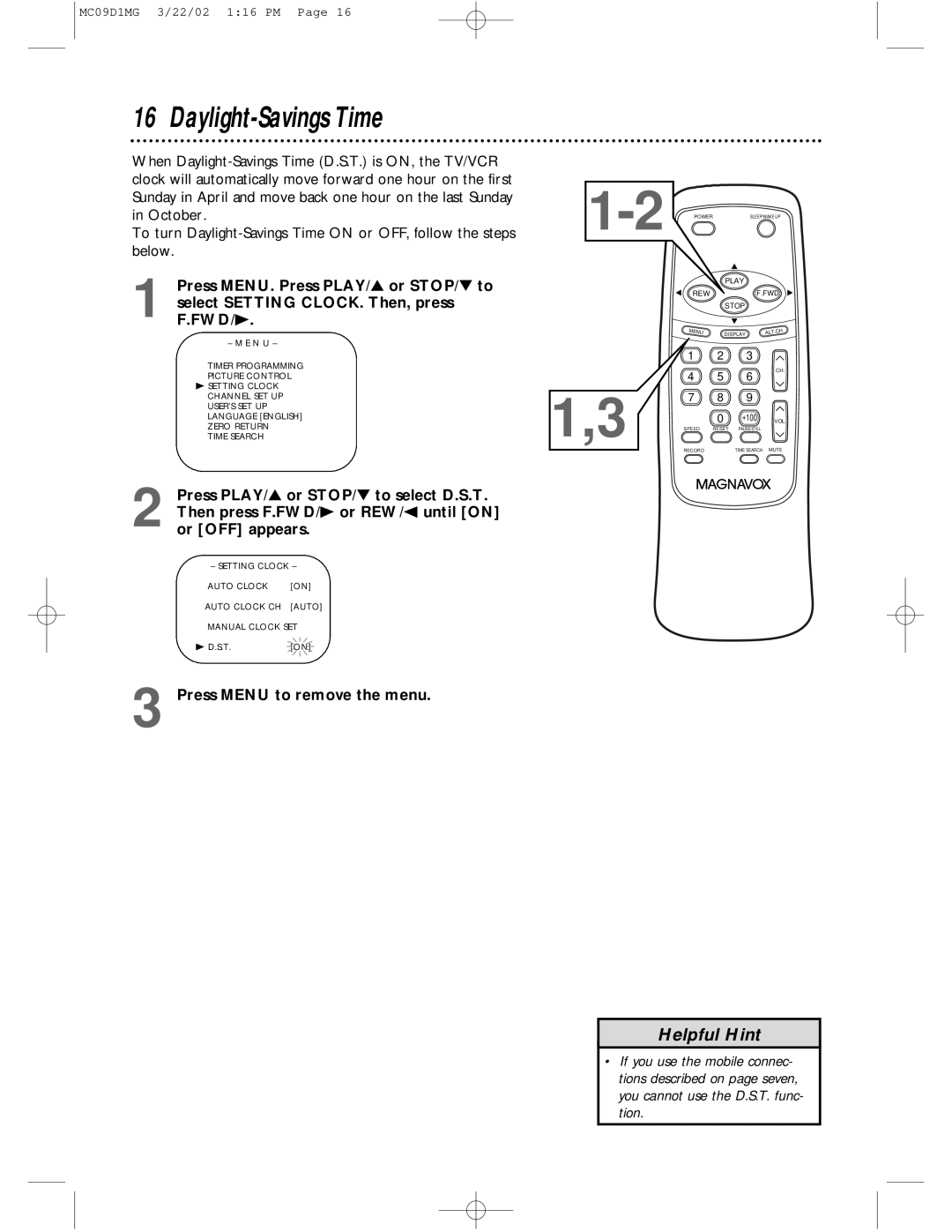 Magnavox MC09D1MG owner manual Daylight-Savings Time, Setting Clock Auto Clock Auto Clock CH Manual Clock SET 