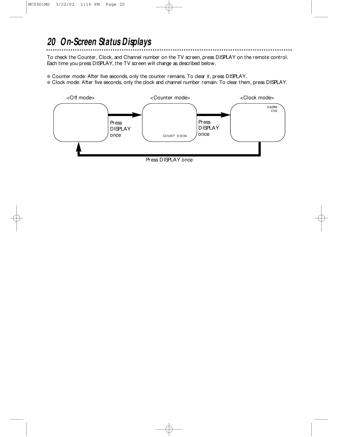 Magnavox MC09D1MG owner manual On-Screen Status Displays 