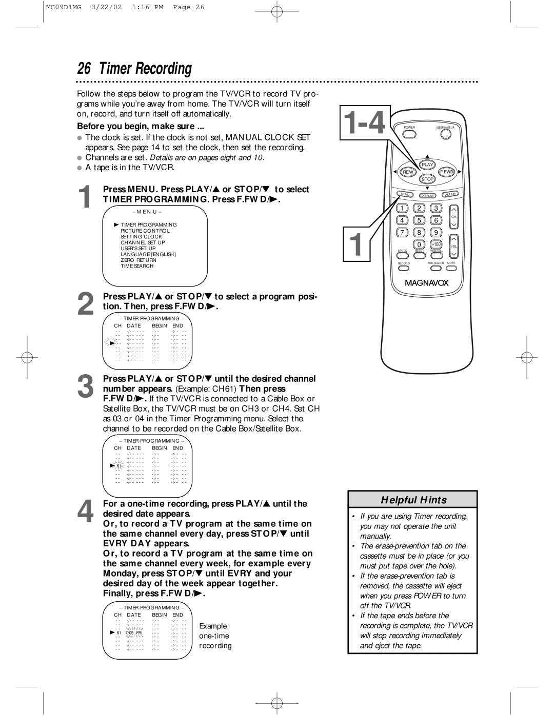 Magnavox MC09D1MG Timer Recording, Tion. Then, press F.FWD/B, Number appears. Example CH61 Then press, Eject the tape 