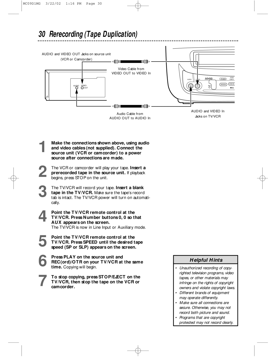 Magnavox MC09D1MG owner manual Rerecording Tape Duplication 