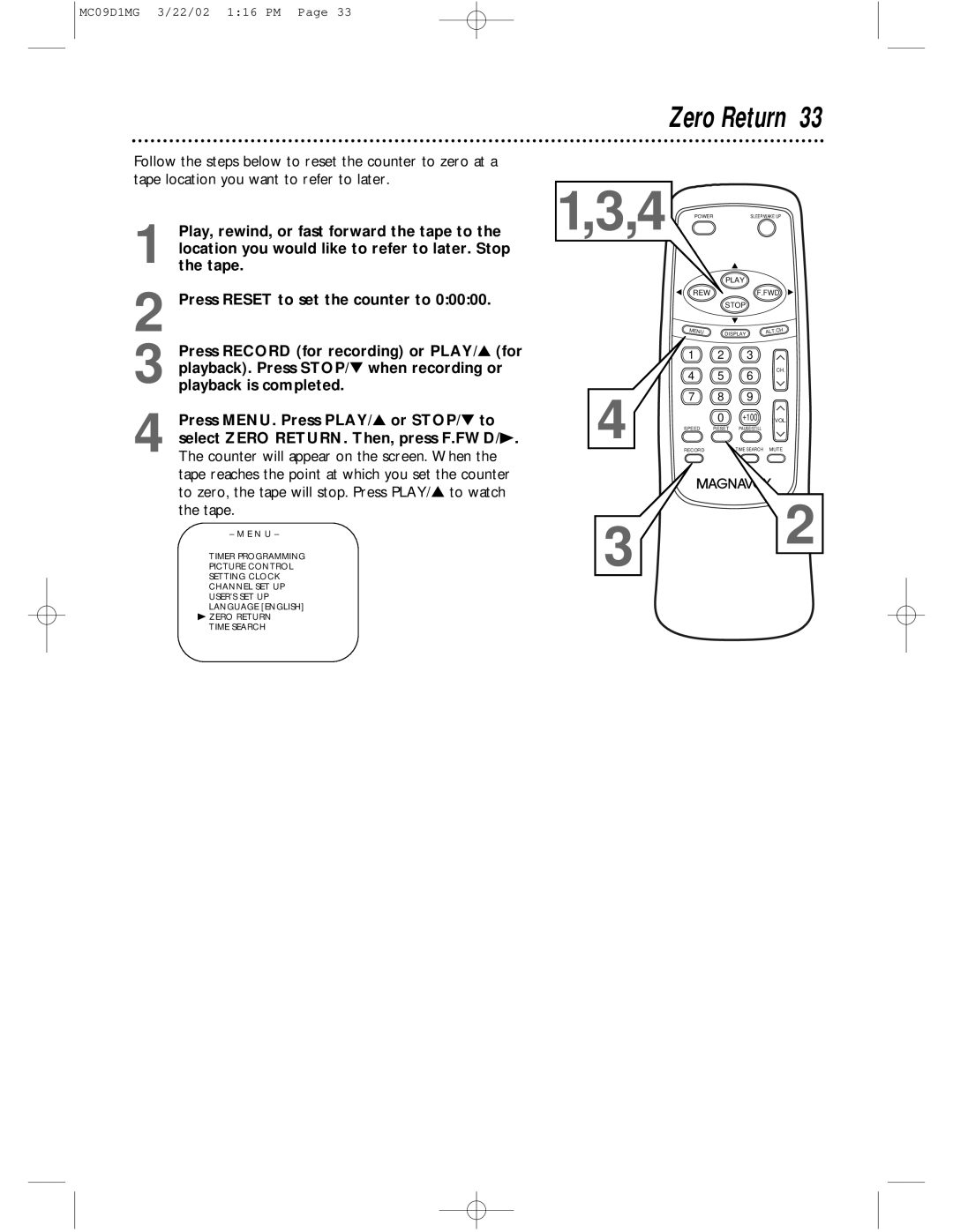 Magnavox MC09D1MG owner manual Zero Return 