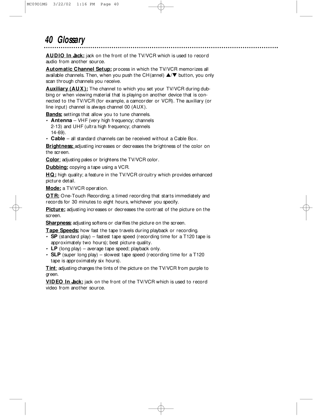 Magnavox MC09D1MG owner manual Glossary 