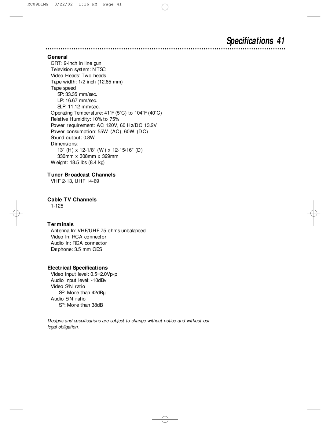 Magnavox MC09D1MG owner manual Specifications 