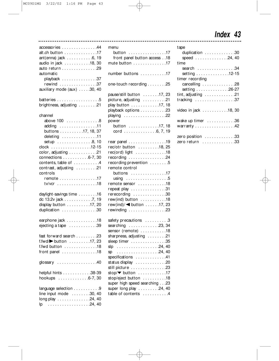 Magnavox MC09D1MG owner manual Index 