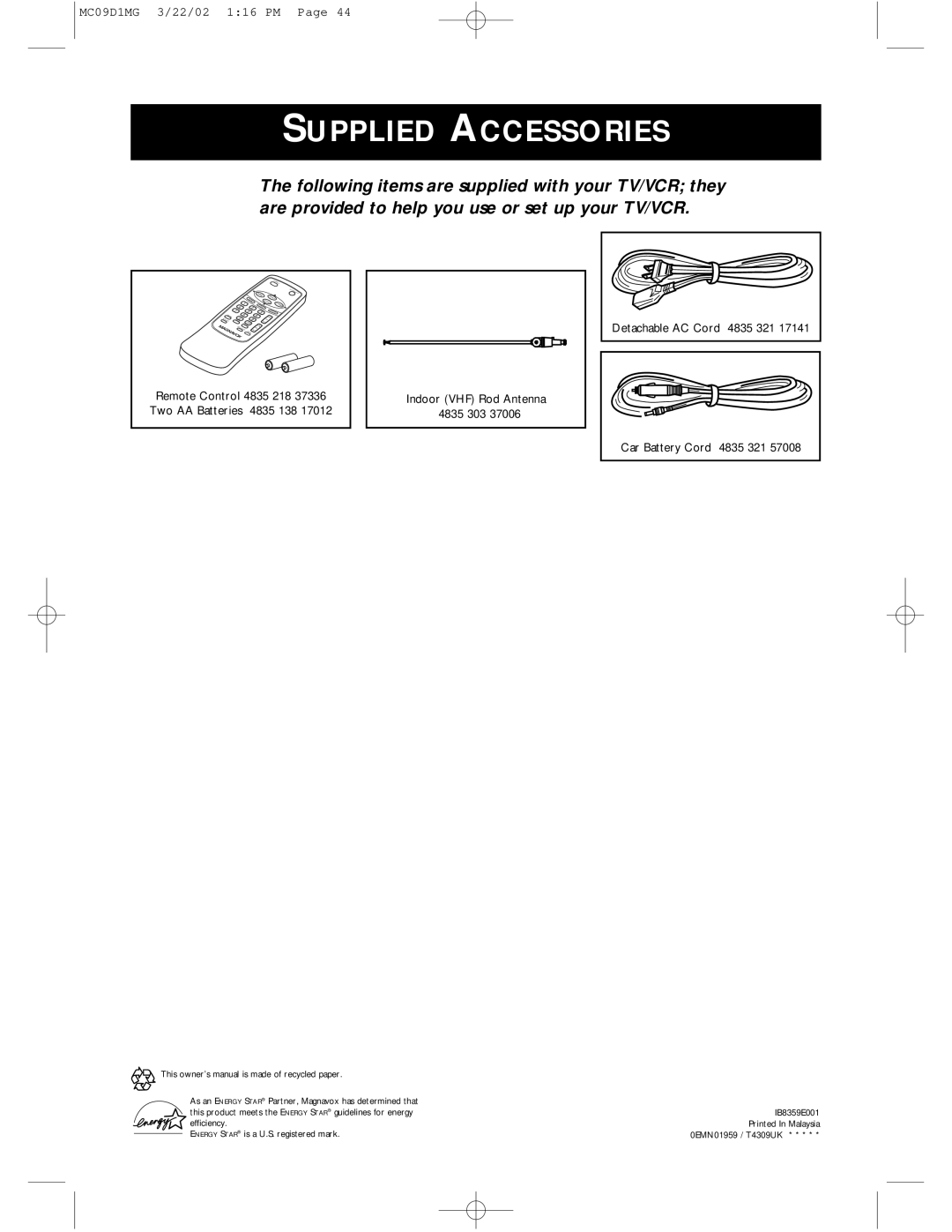 Magnavox MC09D1MG owner manual Supplied Accessories 