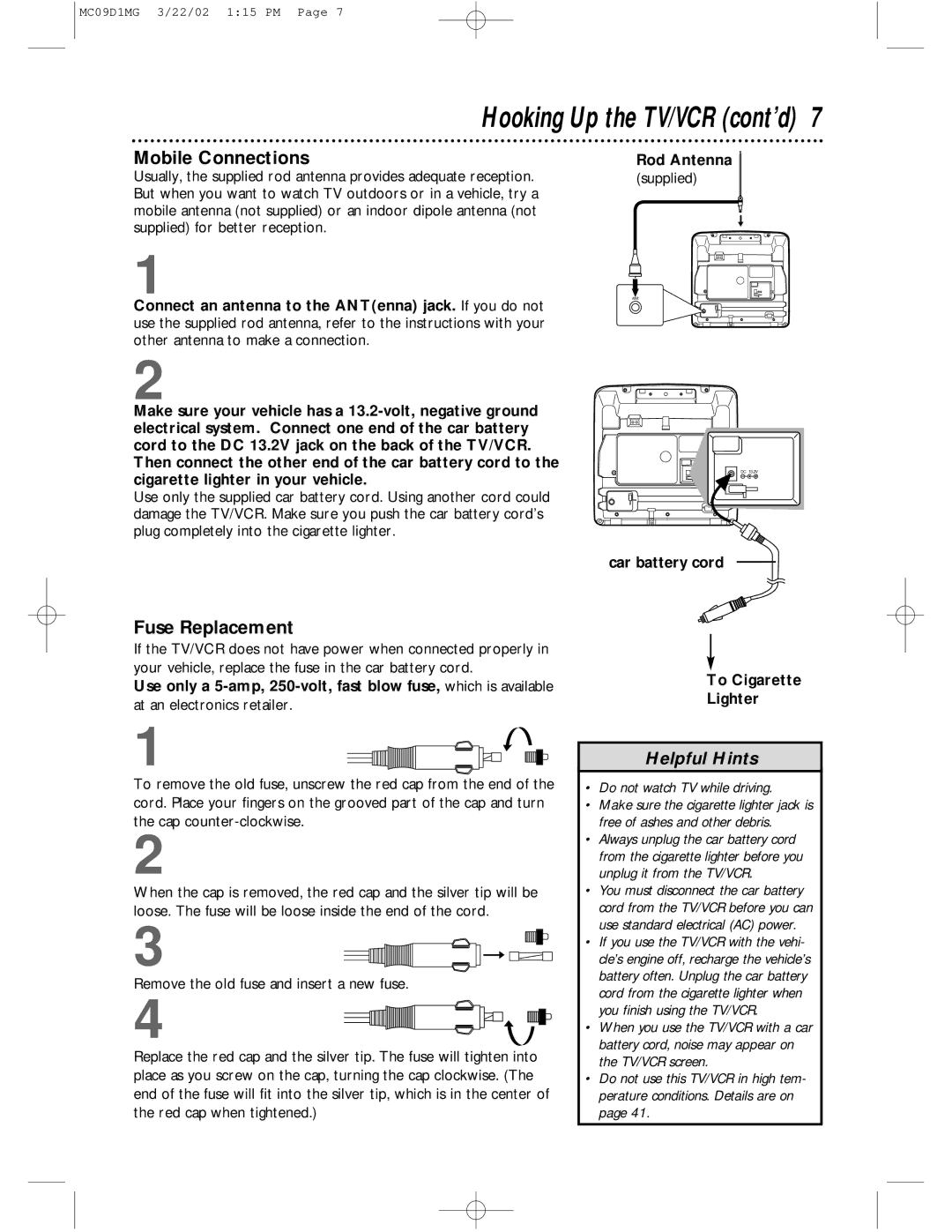 Magnavox MC09D1MG owner manual Mobile Connections, Fuse Replacement, Car battery cord, To Cigarette Lighter 