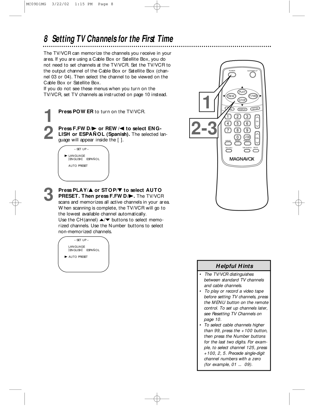 Magnavox MC09D1MG owner manual Setting TV Channels for the First Time 