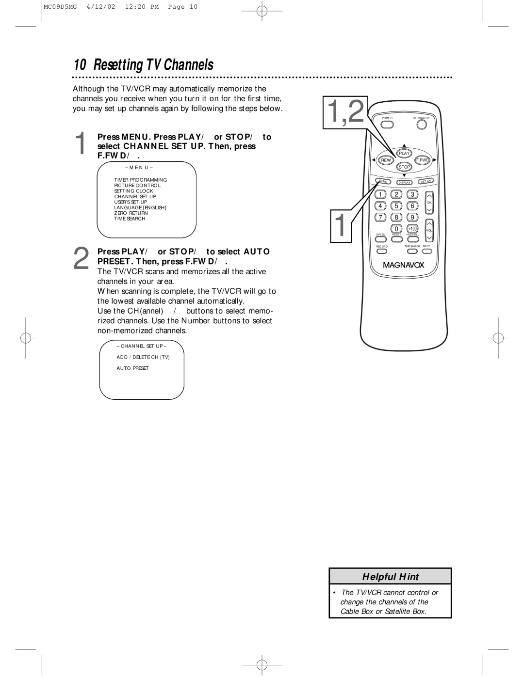 Magnavox MC09D5MG owner manual Resetting TV Channels 