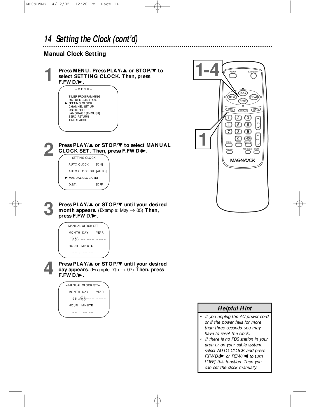 Magnavox MC09D5MG owner manual Setting the Clock cont’d, Manual Clock Setting 