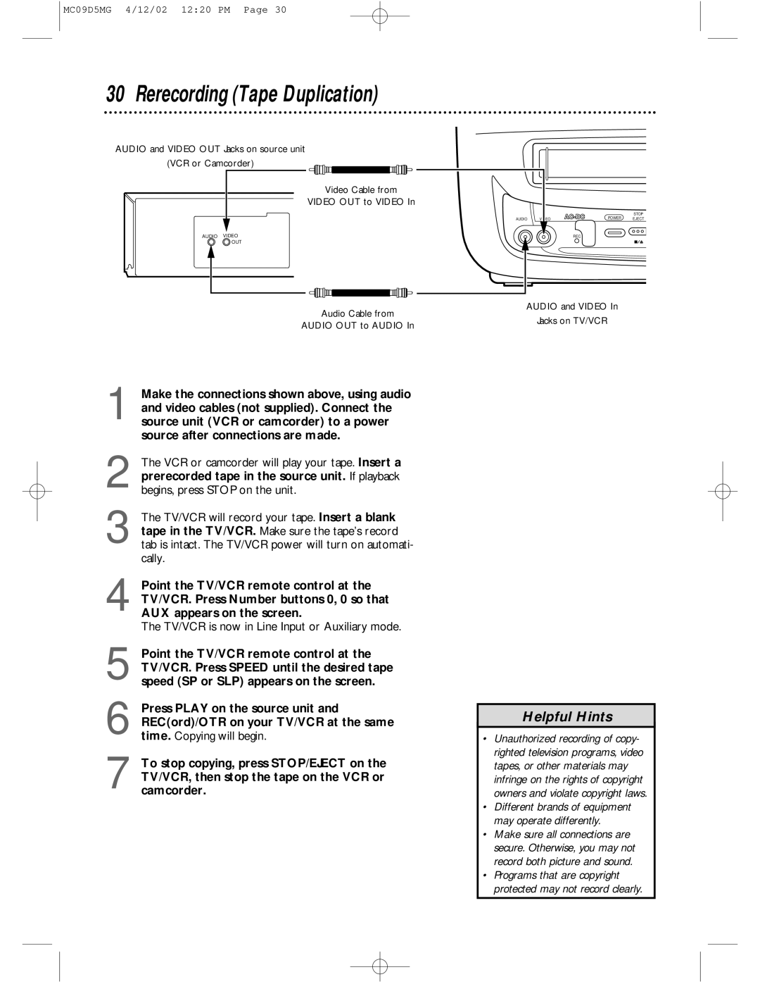 Magnavox MC09D5MG owner manual Rerecording Tape Duplication 