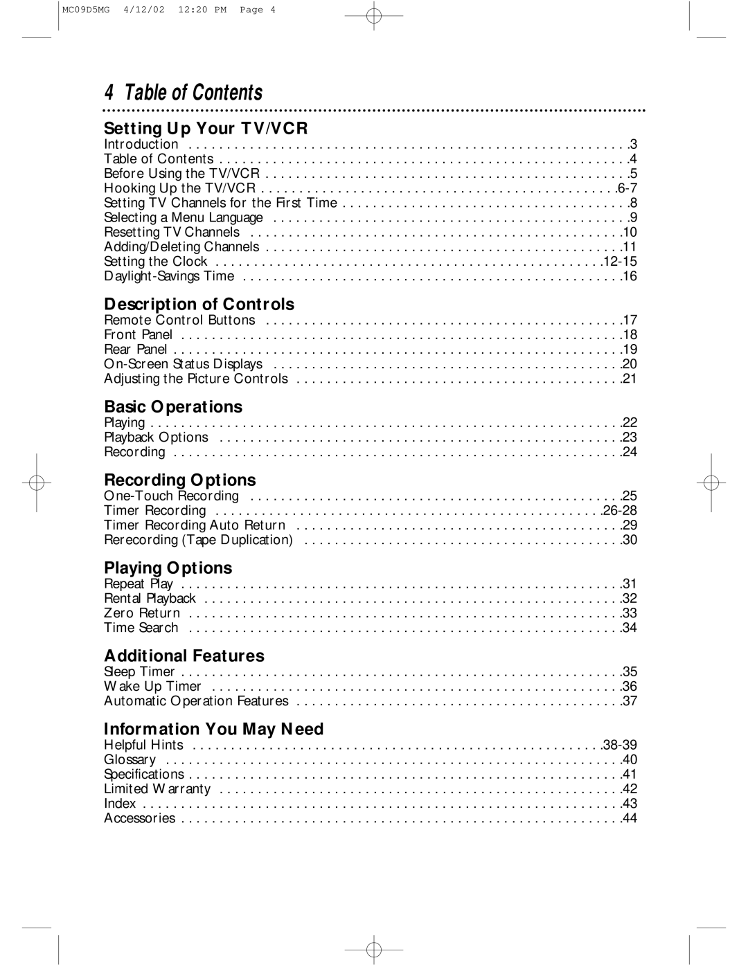 Magnavox MC09D5MG owner manual Table of Contents 