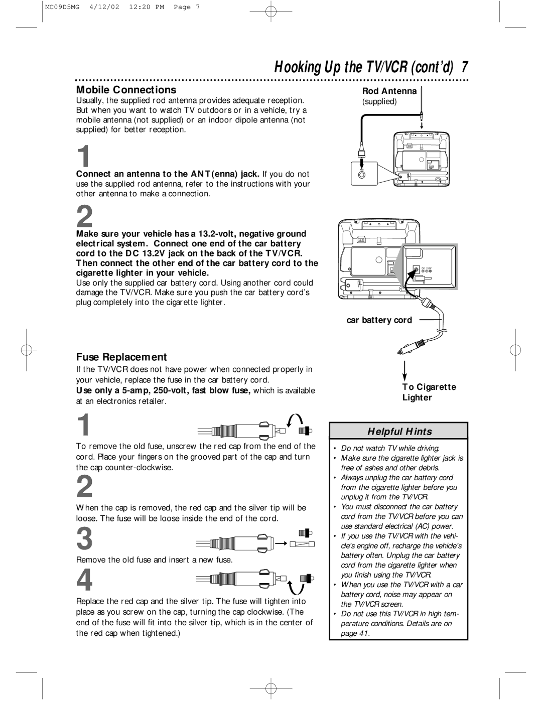 Magnavox MC09D5MG owner manual Mobile Connections, Fuse Replacement, Car battery cord, To Cigarette Lighter 