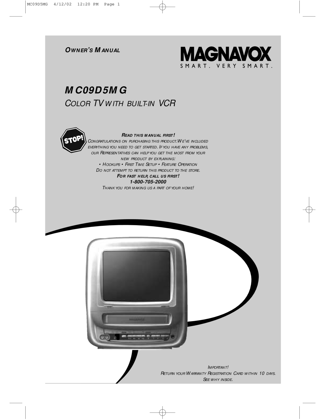 Magnavox owner manual Color Tv With Built-In Vcr, Owner’S Manual, MC09D5MG 4/12/02 1220 PM Page, Read This Manual First 
