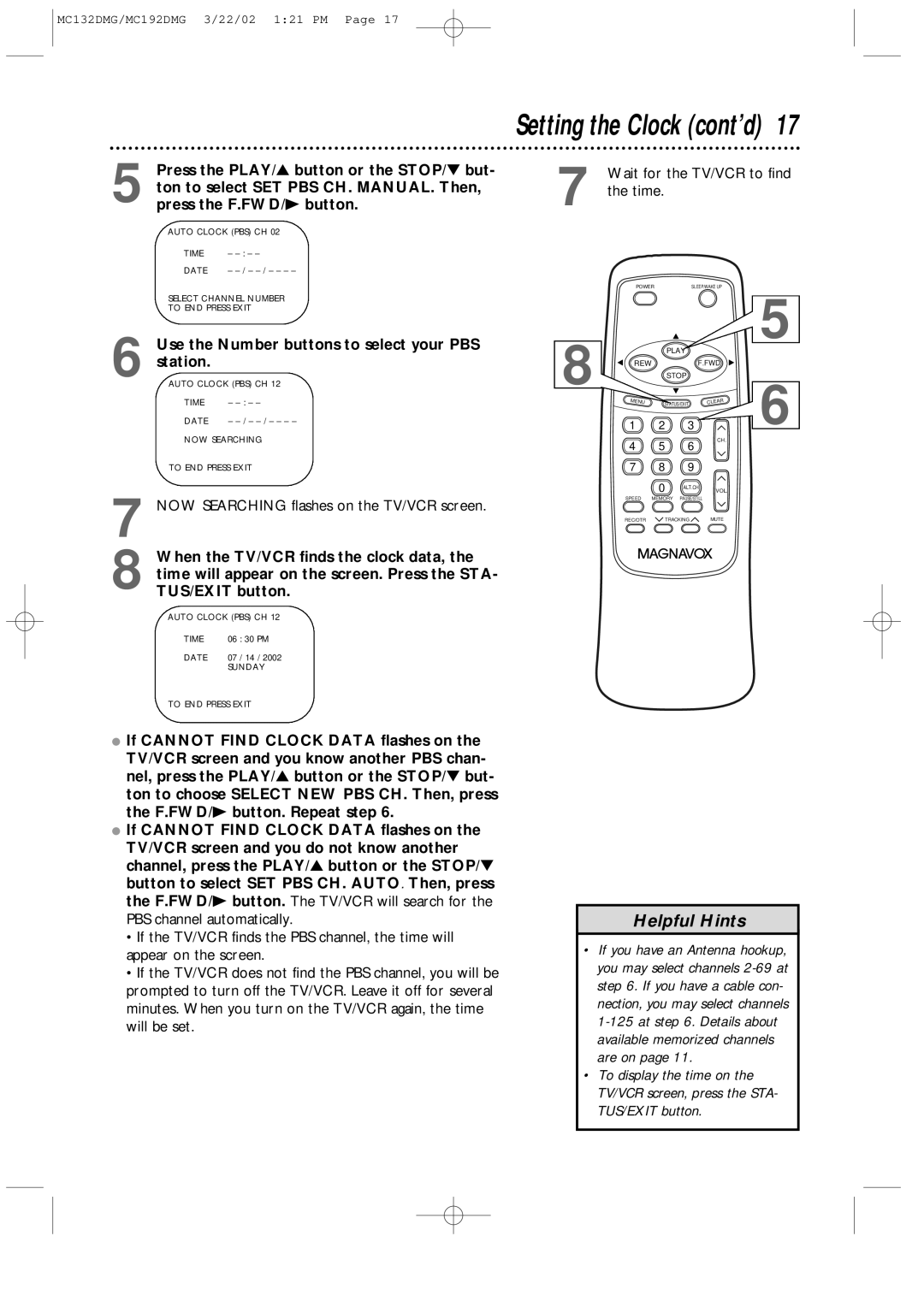 Magnavox MC192DMG, MC132DMG owner manual Use the Number buttons to select your PBS station 