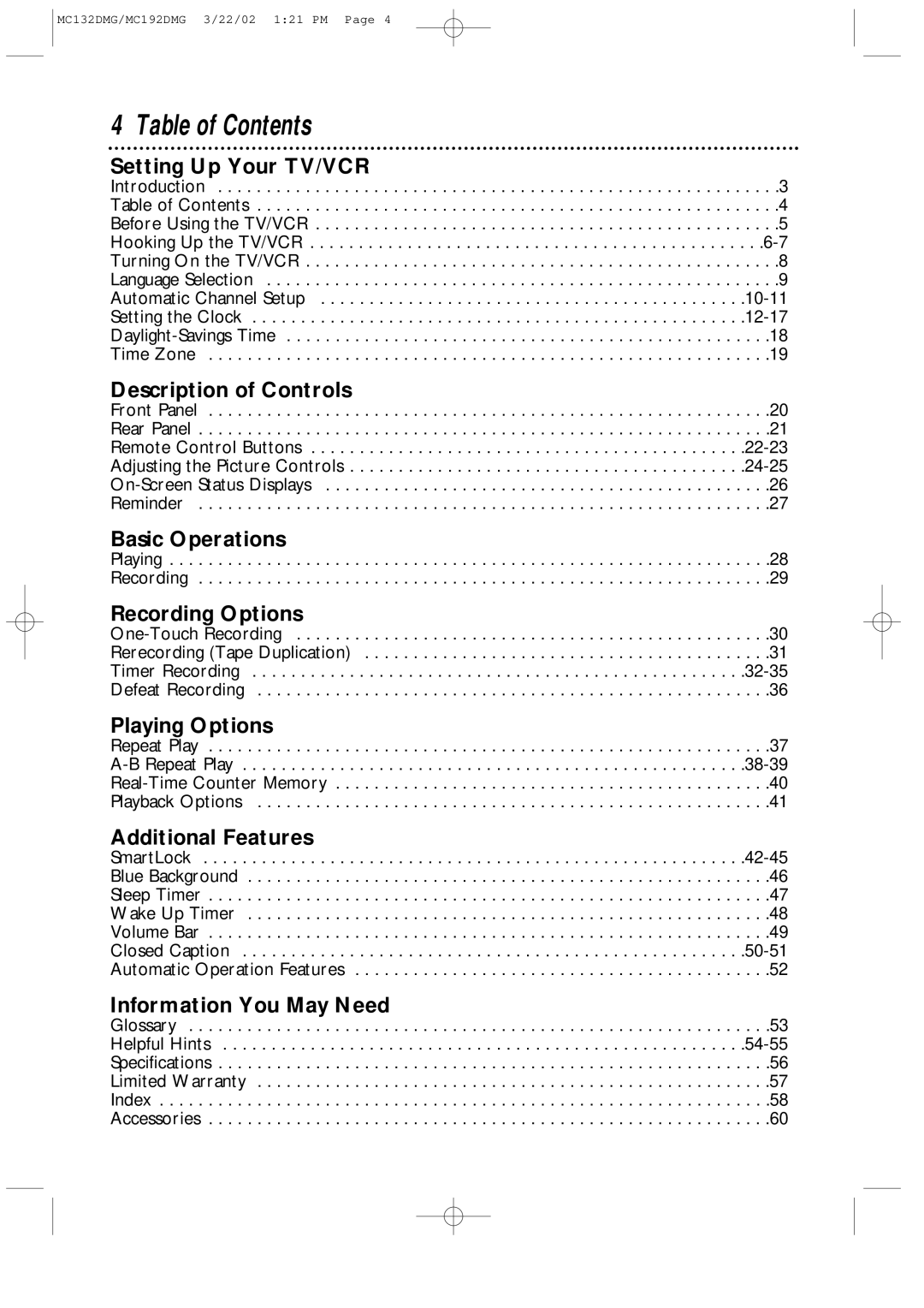 Magnavox MC132DMG, MC192DMG owner manual Table of Contents 