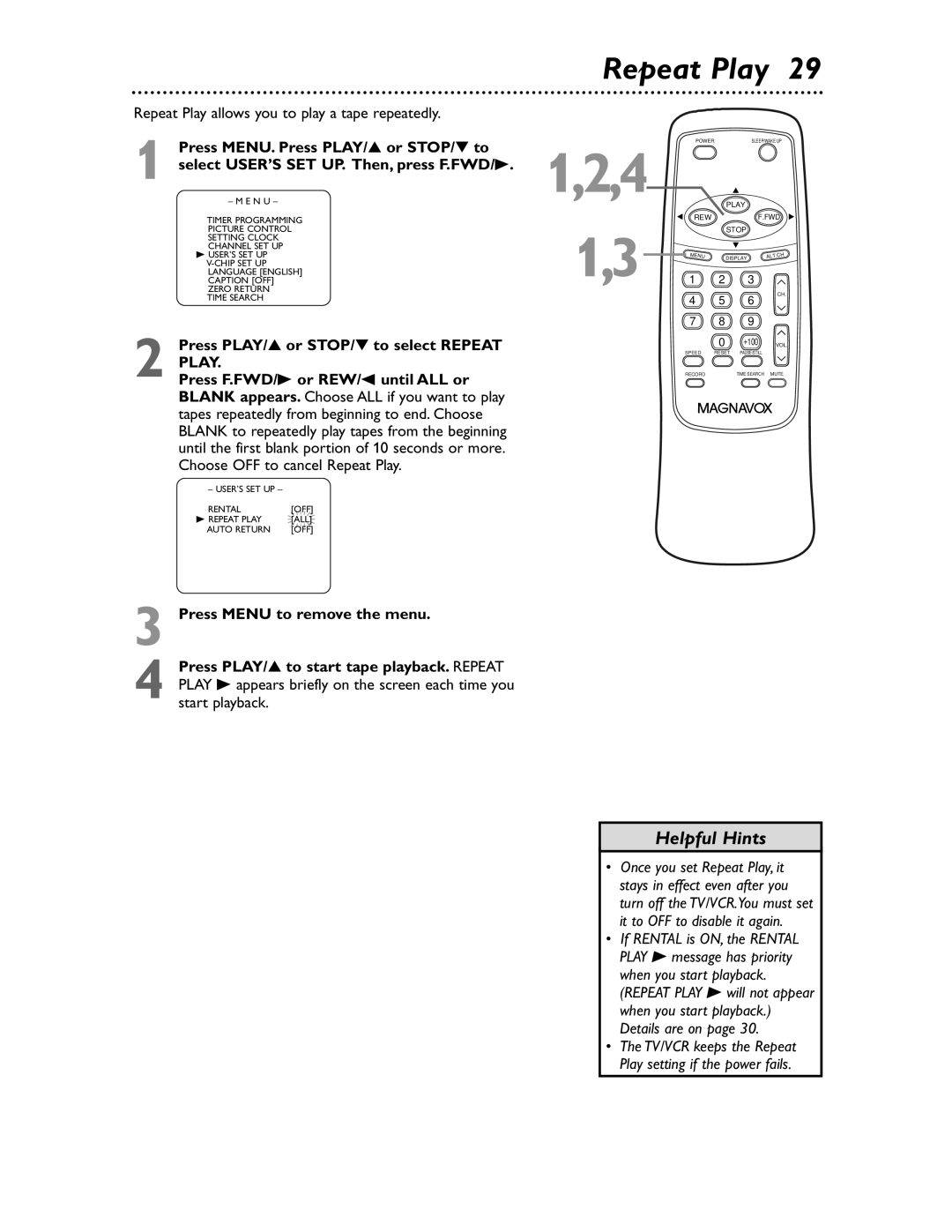 Magnavox MC132EMG/17 Repeat Play allows you to play a tape repeatedly, Press PLAY/ or STOP/ to select Repeat 