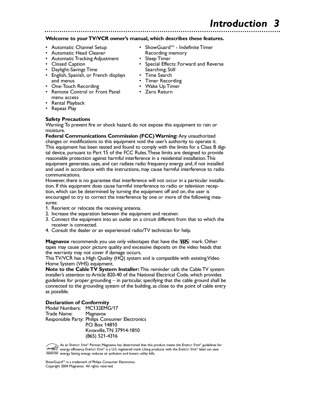 Magnavox MC132EMG/17 owner manual Introduction 