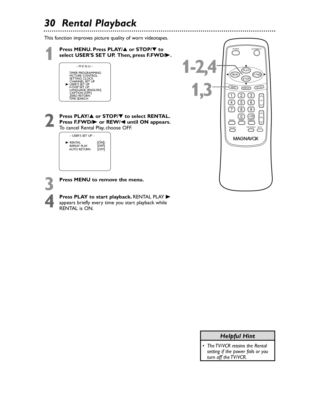 Magnavox MC132EMG/17 owner manual Rental Playback, This function improves picture quality of worn videotapes 