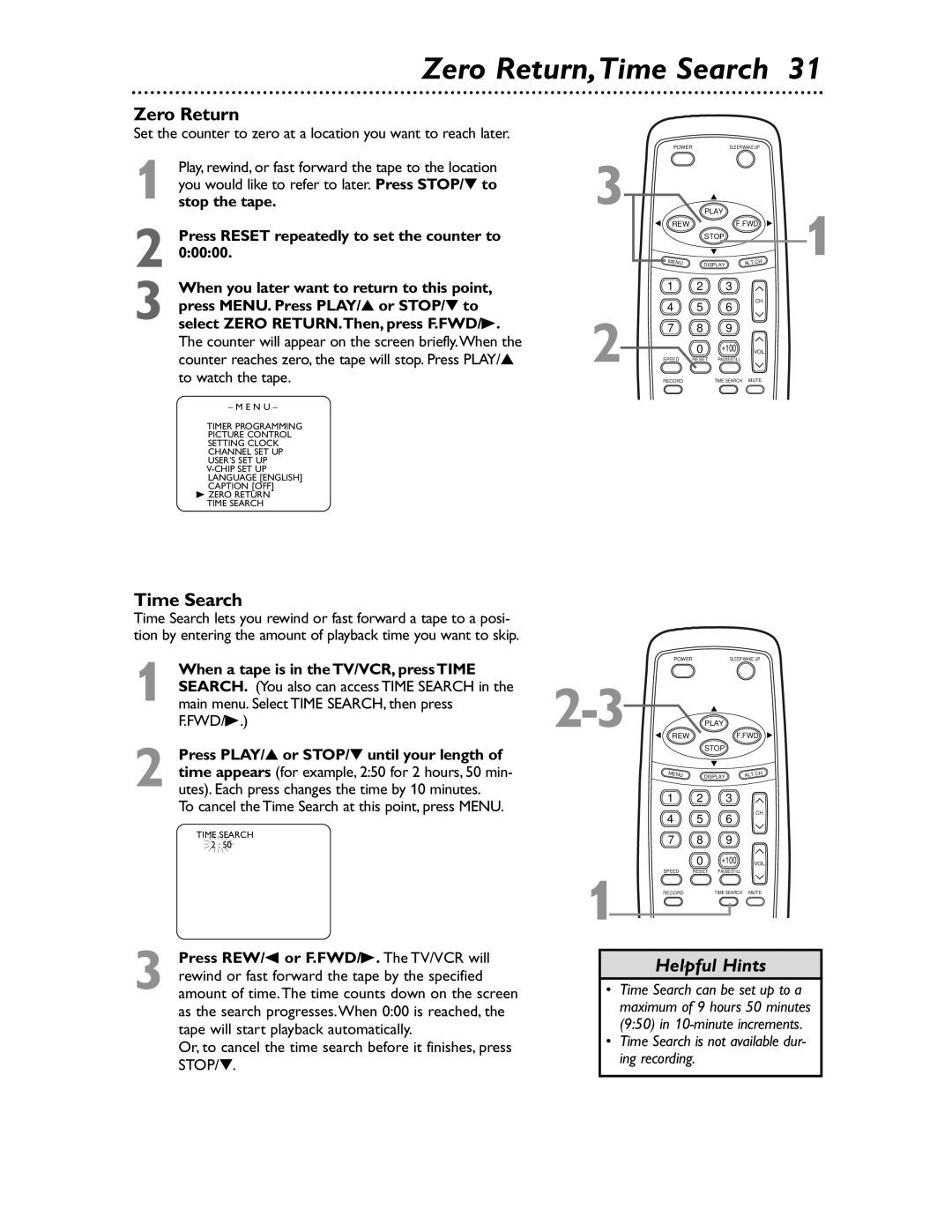 Magnavox MC132EMG/17 owner manual Zero Return,Time Search, 00000, Time Search is not available dur Ing recording 