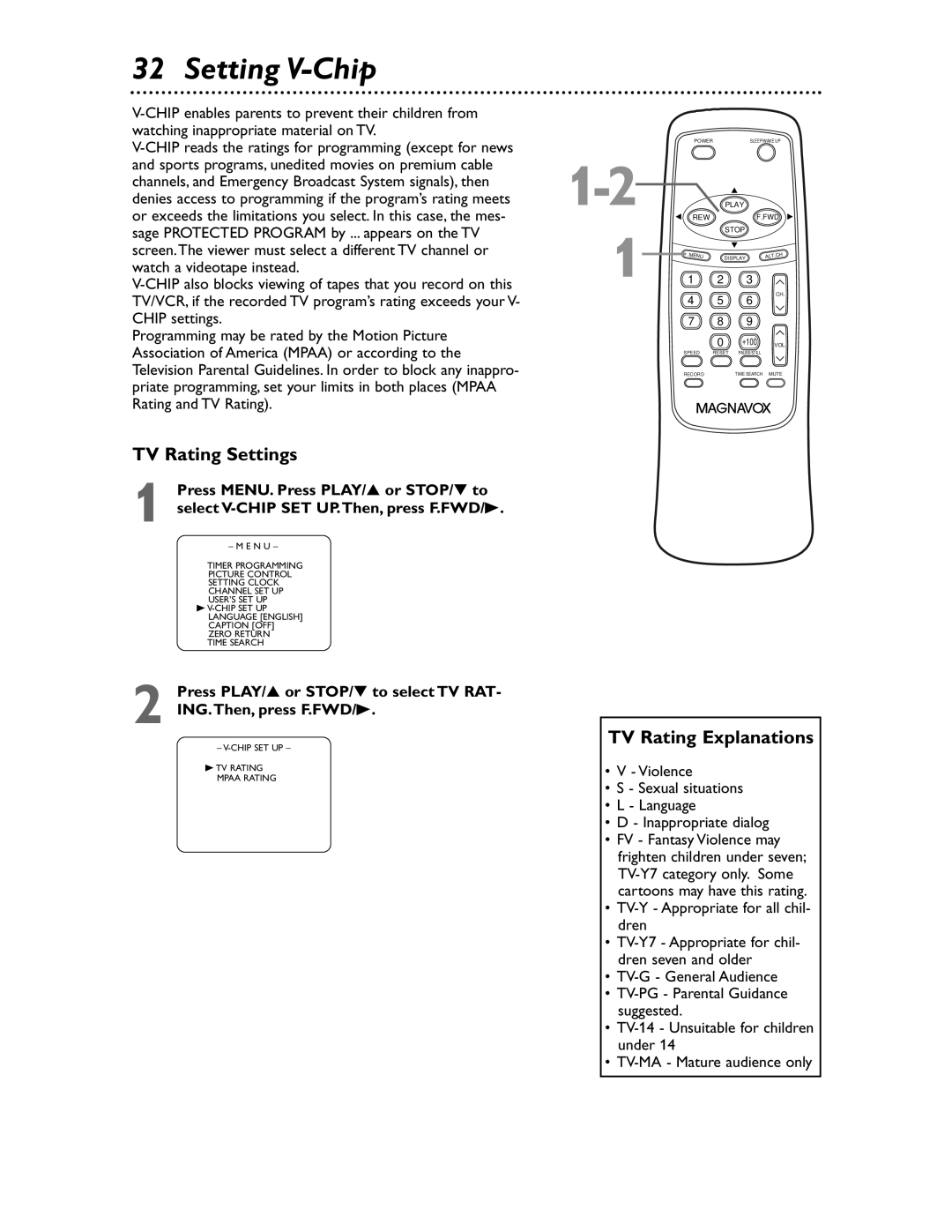 Magnavox MC132EMG/17 owner manual Setting V-Chip, TV Rating Settings, TV Rating Explanations 