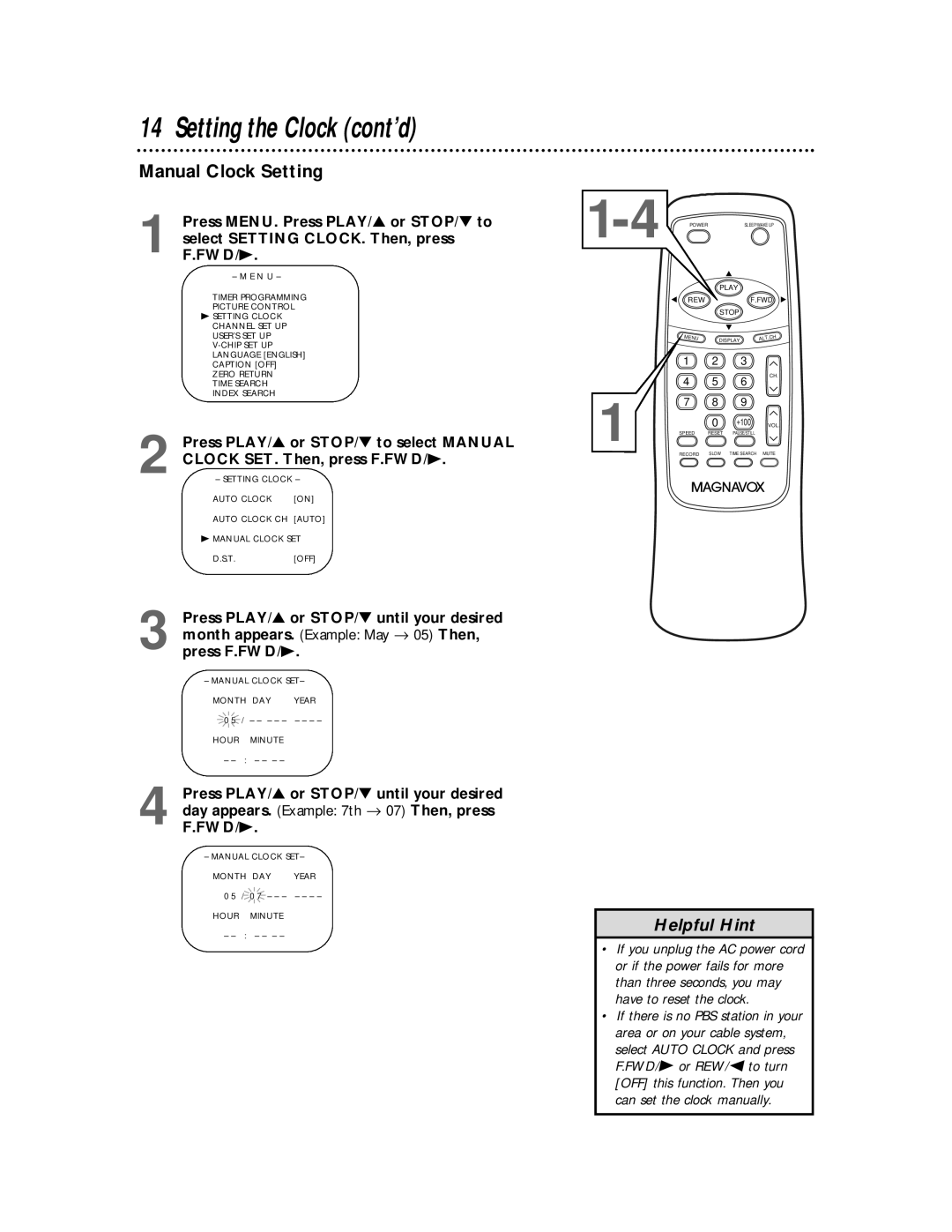 Magnavox MC194DMG owner manual Manual Clock Setting 