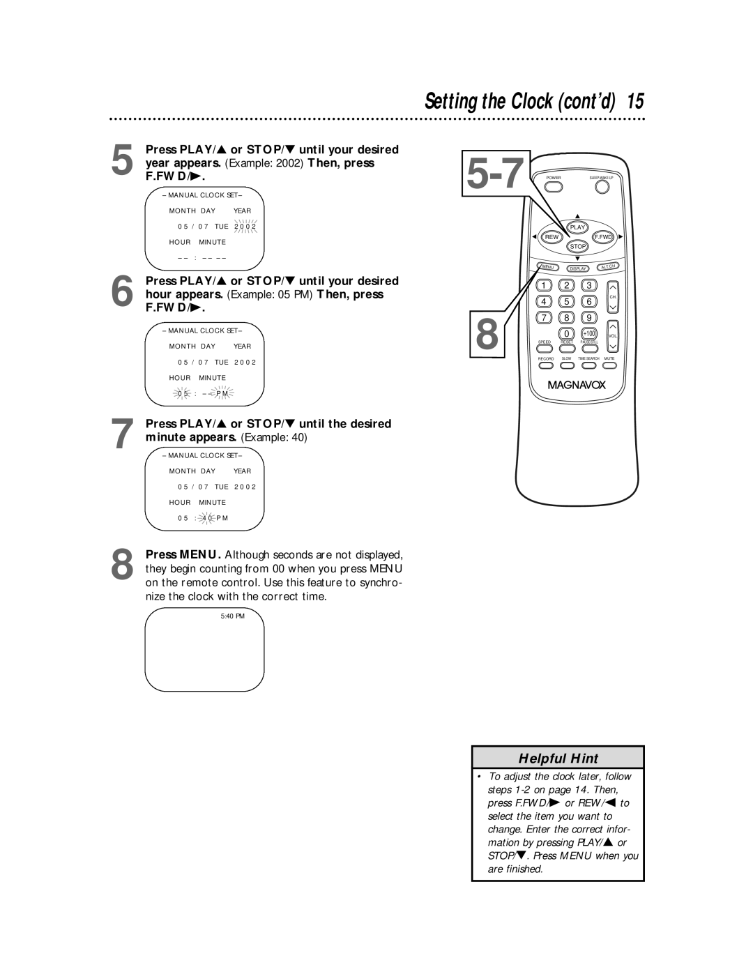 Magnavox MC194DMG owner manual Manual Clock SET Month DAY 
