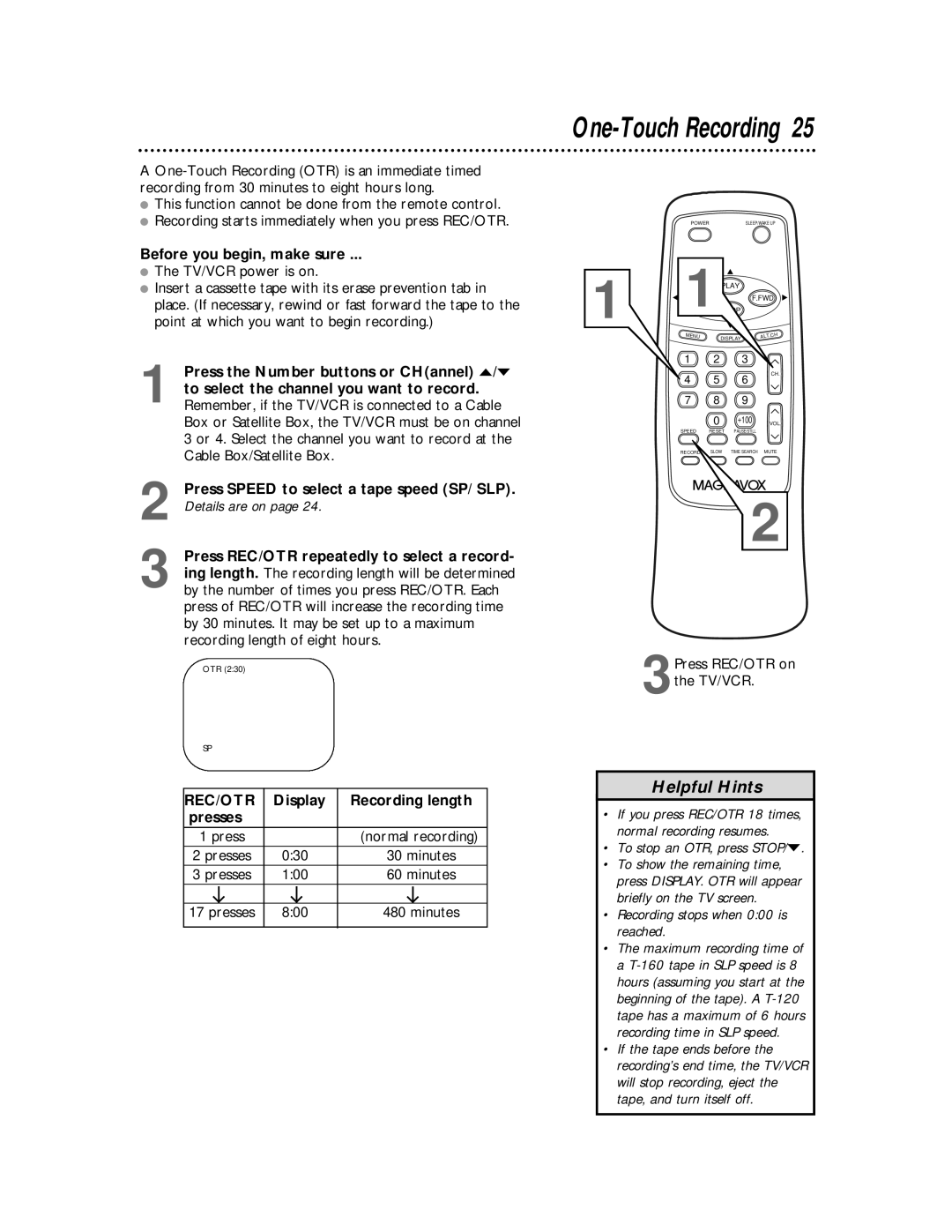 Magnavox MC194DMG owner manual One-Touch Recording, Display Recording length Presses 