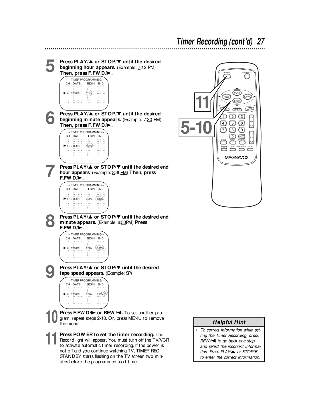 Magnavox MC194DMG owner manual Timer Recording cont’d 