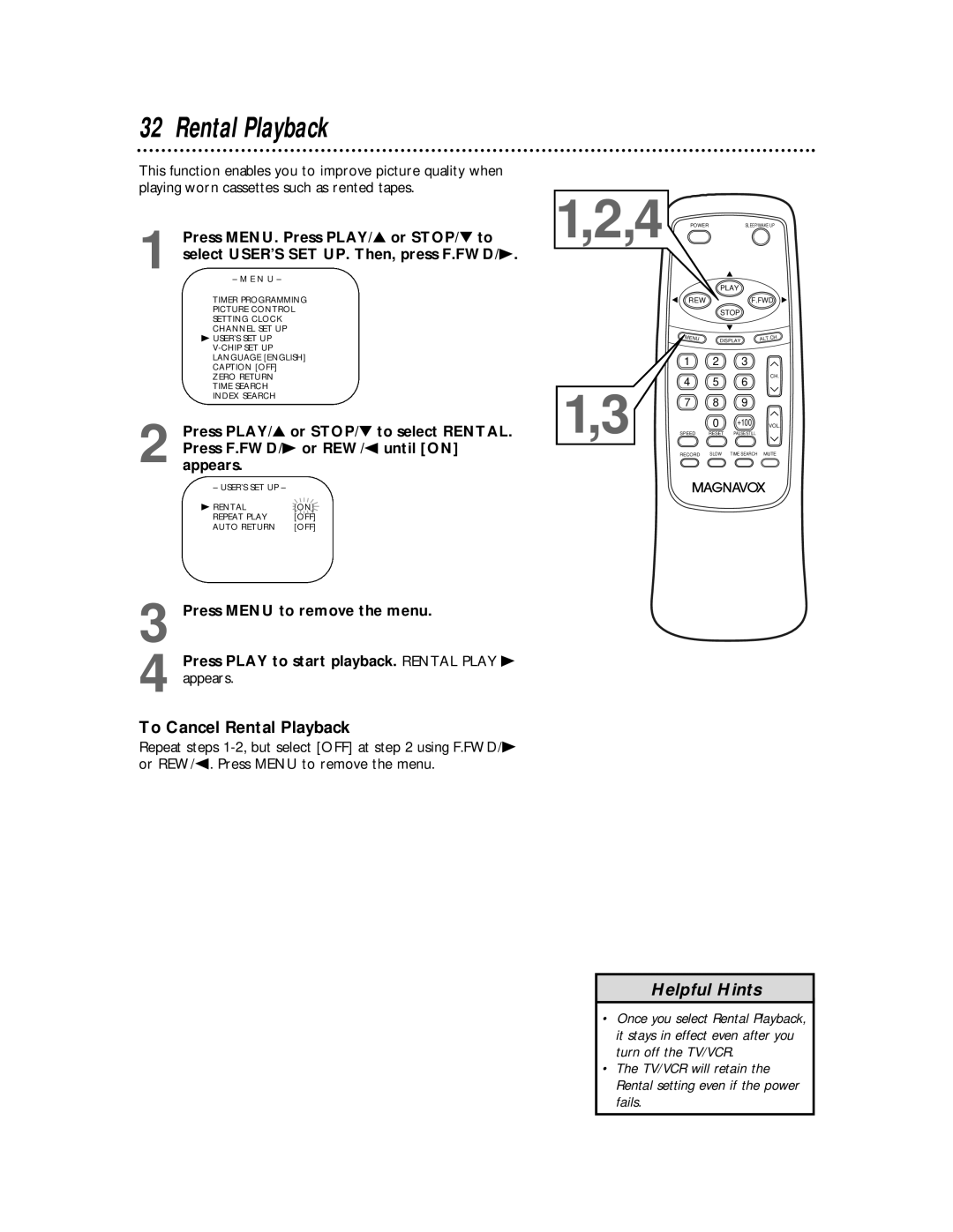 Magnavox MC194DMG owner manual To Cancel Rental Playback 