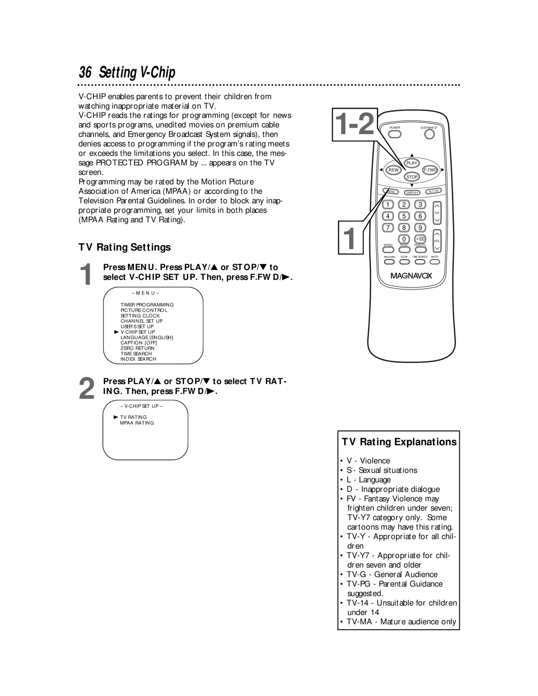 Magnavox MC194DMG owner manual Setting V-Chip, TV Rating Settings, TV Rating Explanations 