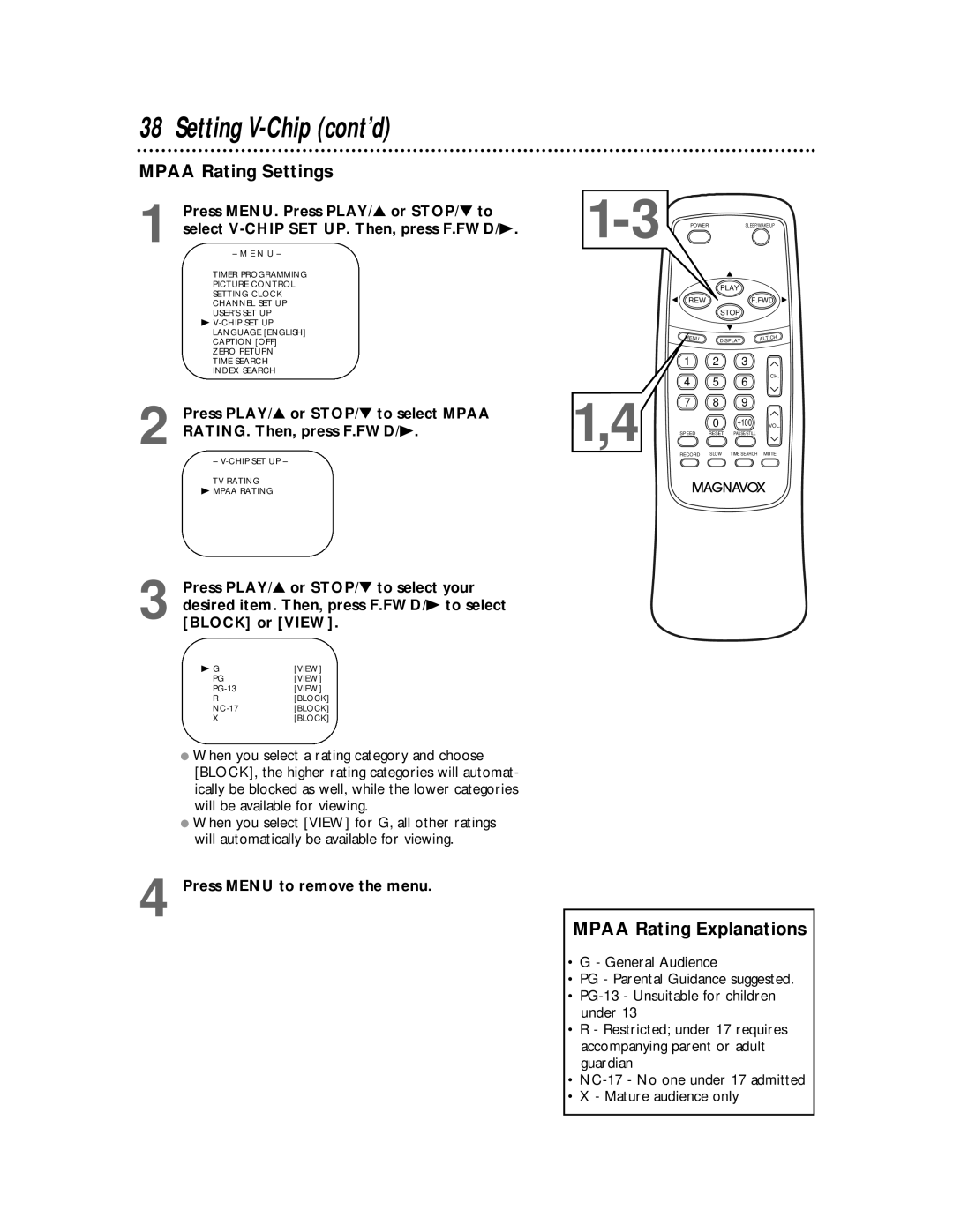 Magnavox MC194DMG owner manual Mpaa Rating Settings, Mpaa Rating Explanations 