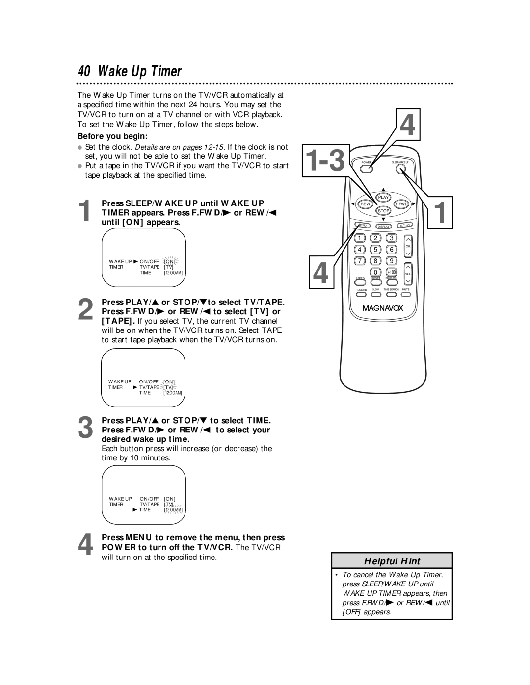 Magnavox MC194DMG owner manual Before you begin, Set, you will not be able to set the Wake Up Timer 