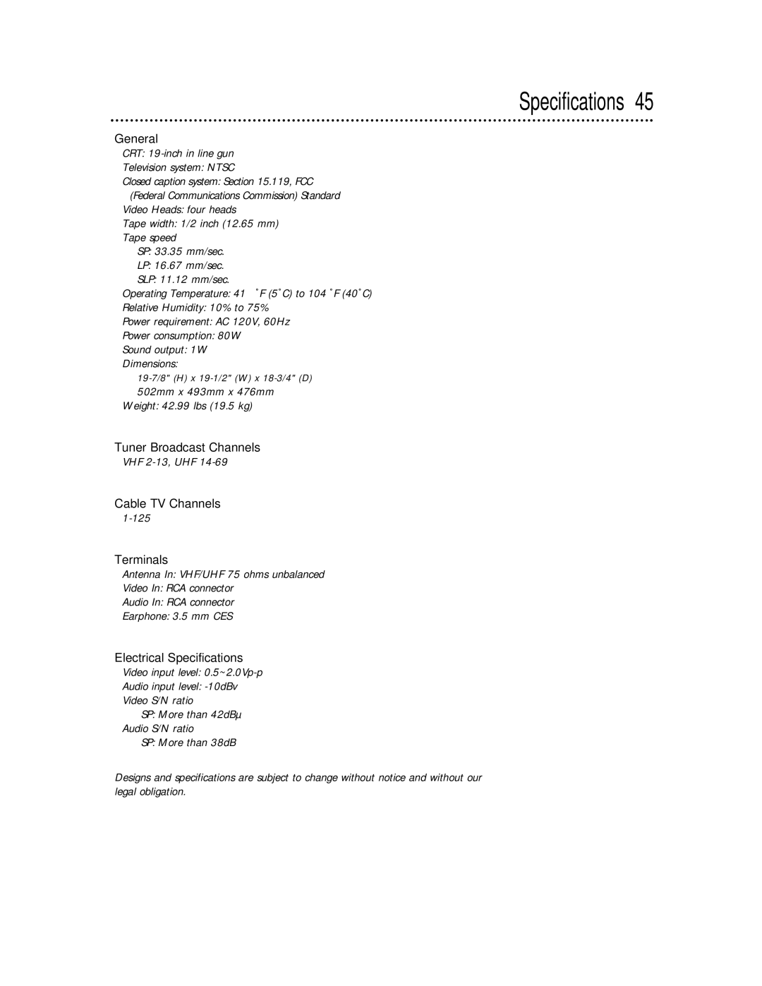 Magnavox MC194DMG owner manual Specifications 