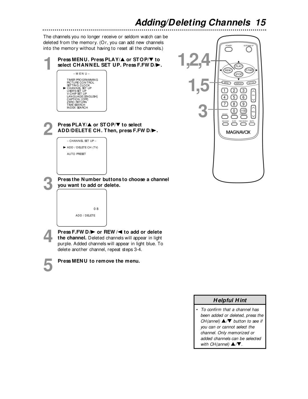 Magnavox MC194EMG owner manual Adding/Deleting Channels 