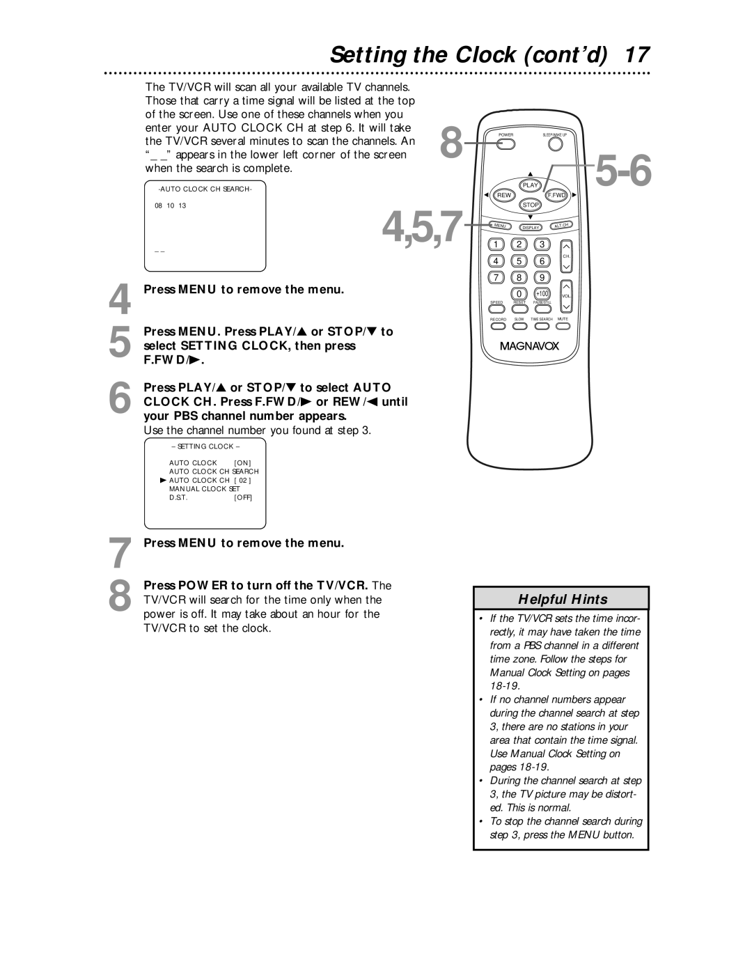 Magnavox MC194EMG owner manual Setting the Clock cont’d, Use the channel number you found at step 