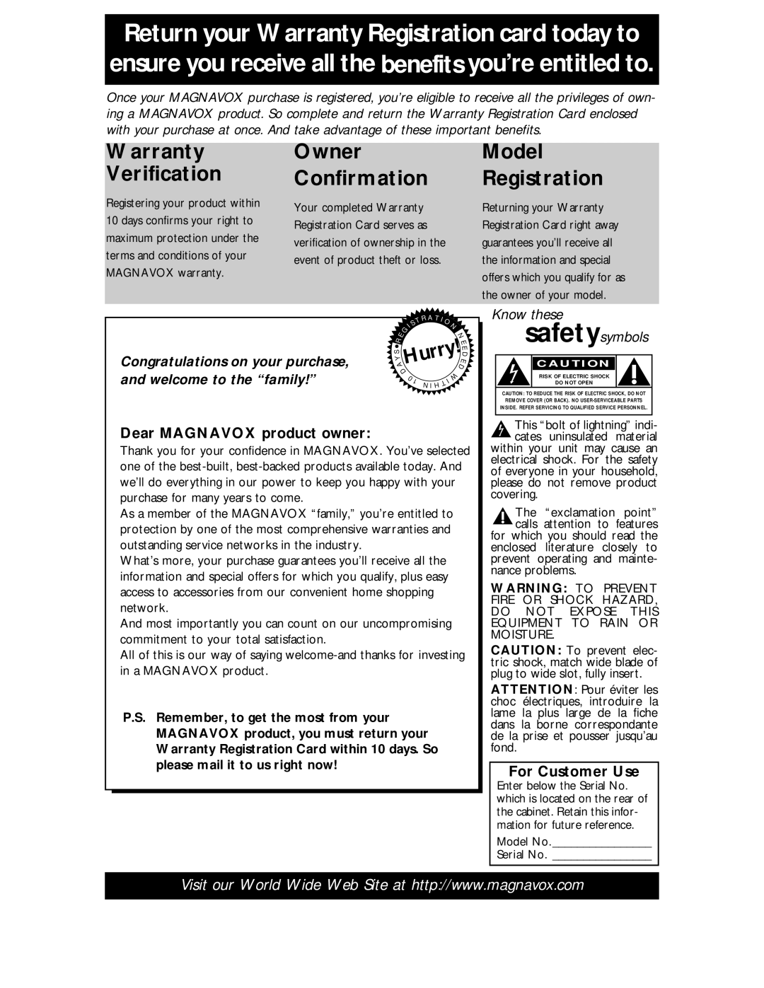 Magnavox MC194EMG owner manual Dear Magnavox product owner, For Customer Use, Model No Serial No 