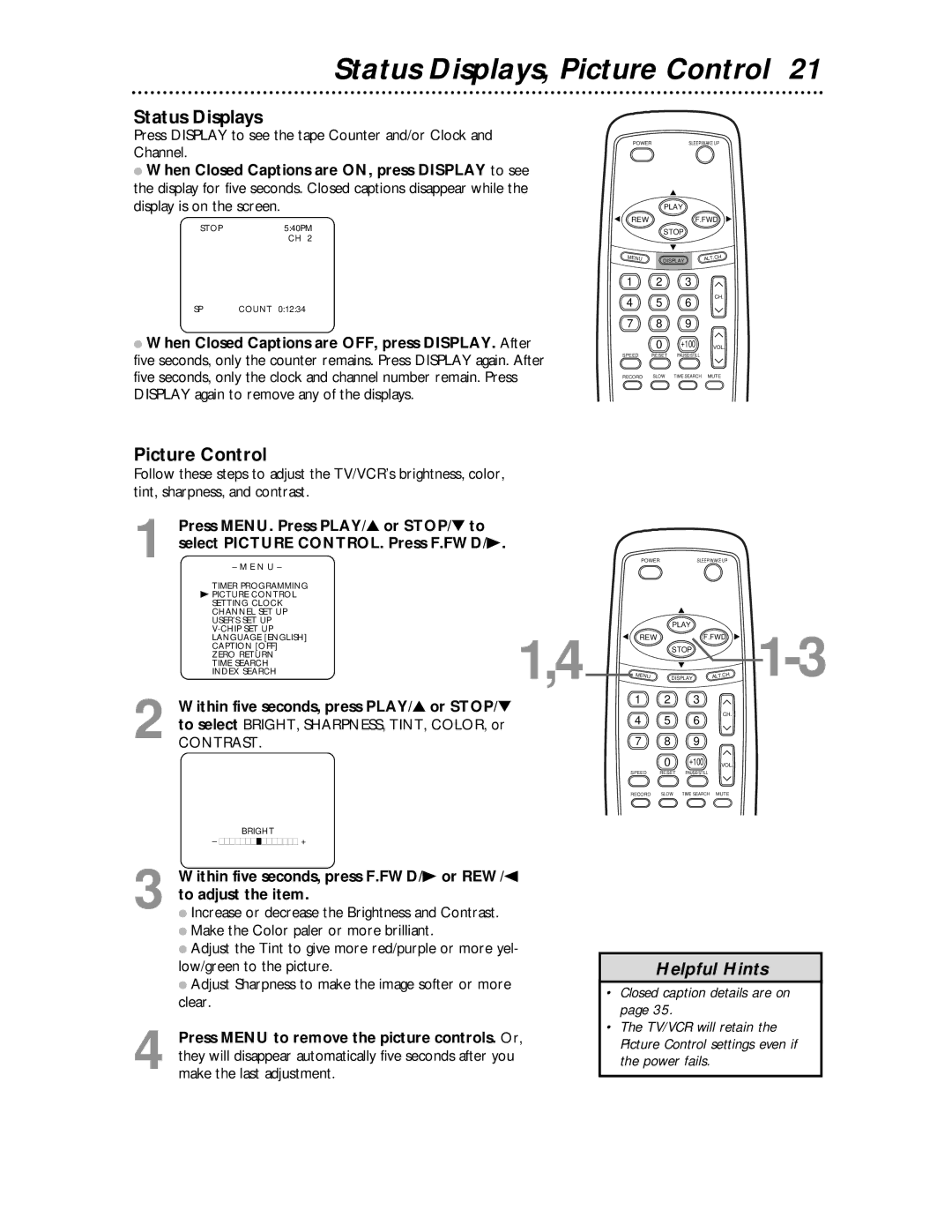 Magnavox MC194EMG Status Displays, Picture Control, Within five seconds, press F.FWD/B or REW/s, To adjust the item 