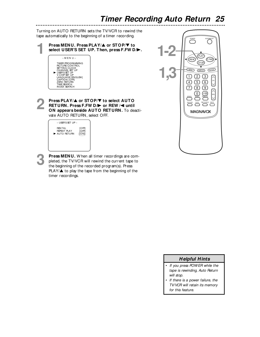 Magnavox MC194EMG owner manual Timer Recording Auto Return 