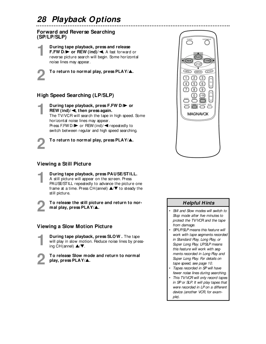 Magnavox MC194EMG owner manual Playback Options, Forward and Reverse Searching SP/LP/SLP, High Speed Searching LP/SLP 